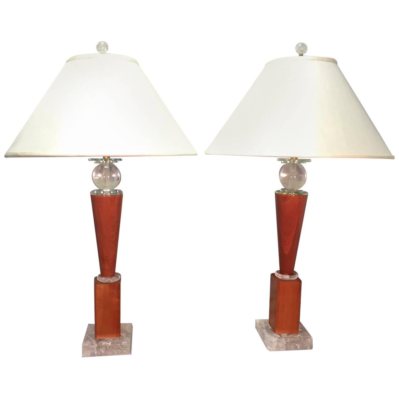 Pair of Modern Rock Crystal and Wood Lamps with Dupioni Silk Shades