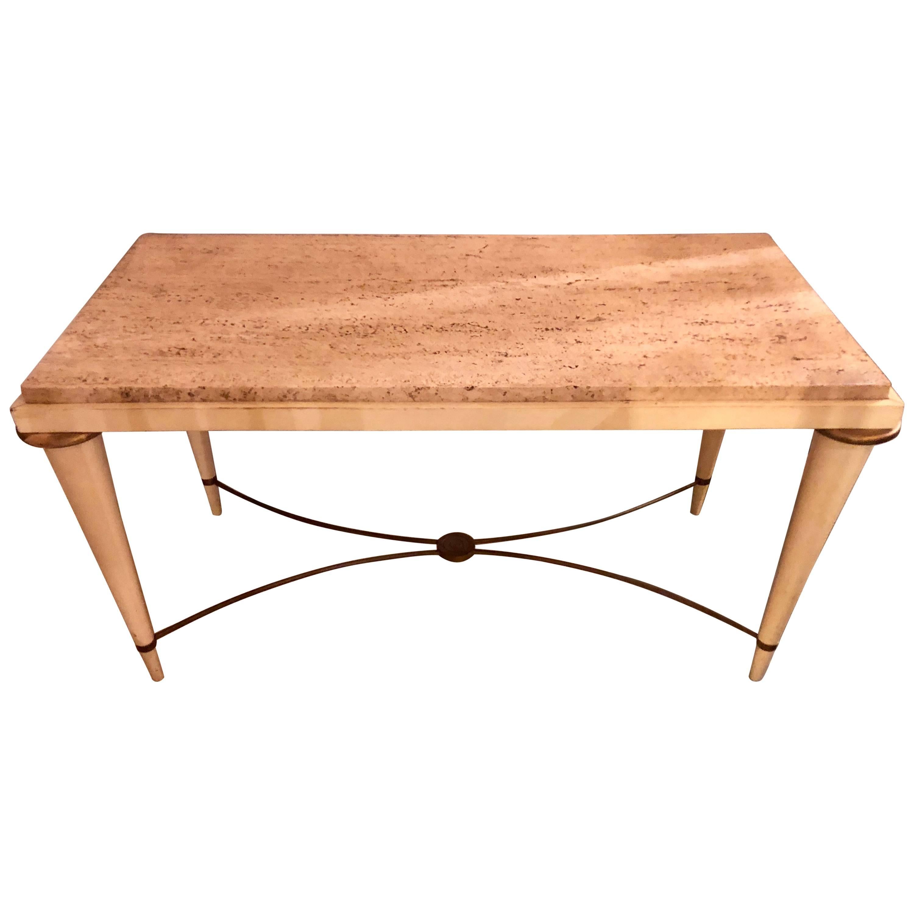 Mid-Century Modern Coffee Table Inset Travertine Marble-Top and Brass Stretcher For Sale