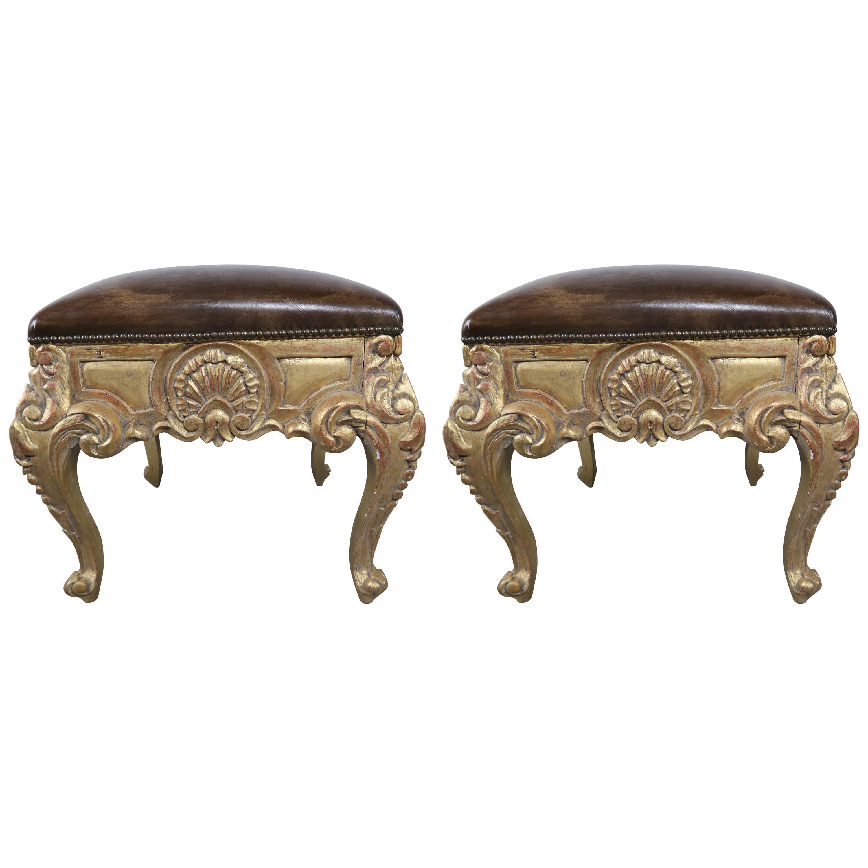 Pair of French Giltwood Leather Upholstered Benches