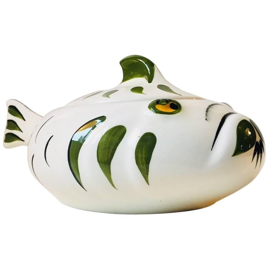 Modernist Ceramic Monkfish, Lidded Bowl by Knabstrup, Denmark, 1950s