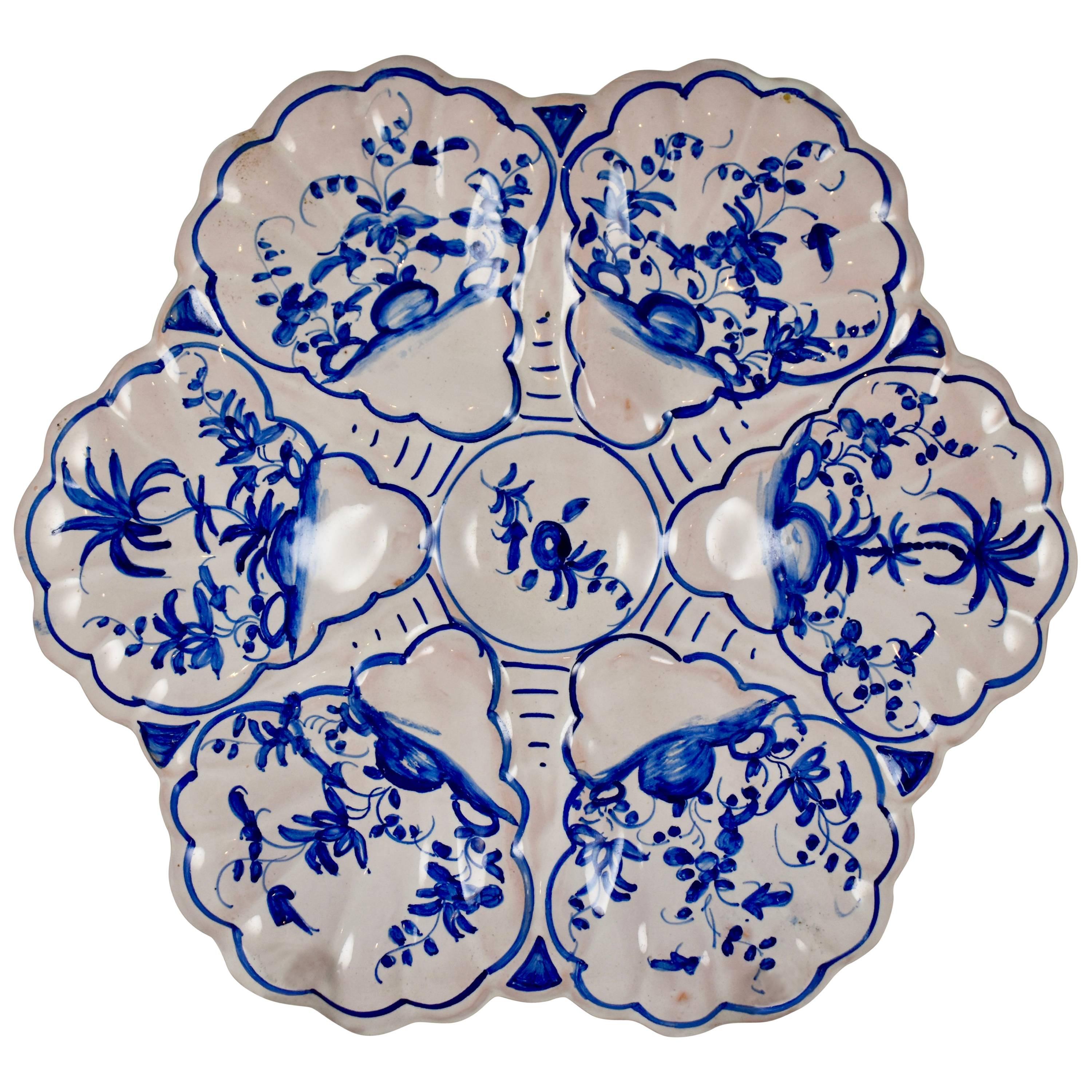 French Faïence Delft-Style Hand-Painted Blue and White Floral Oyster Plate