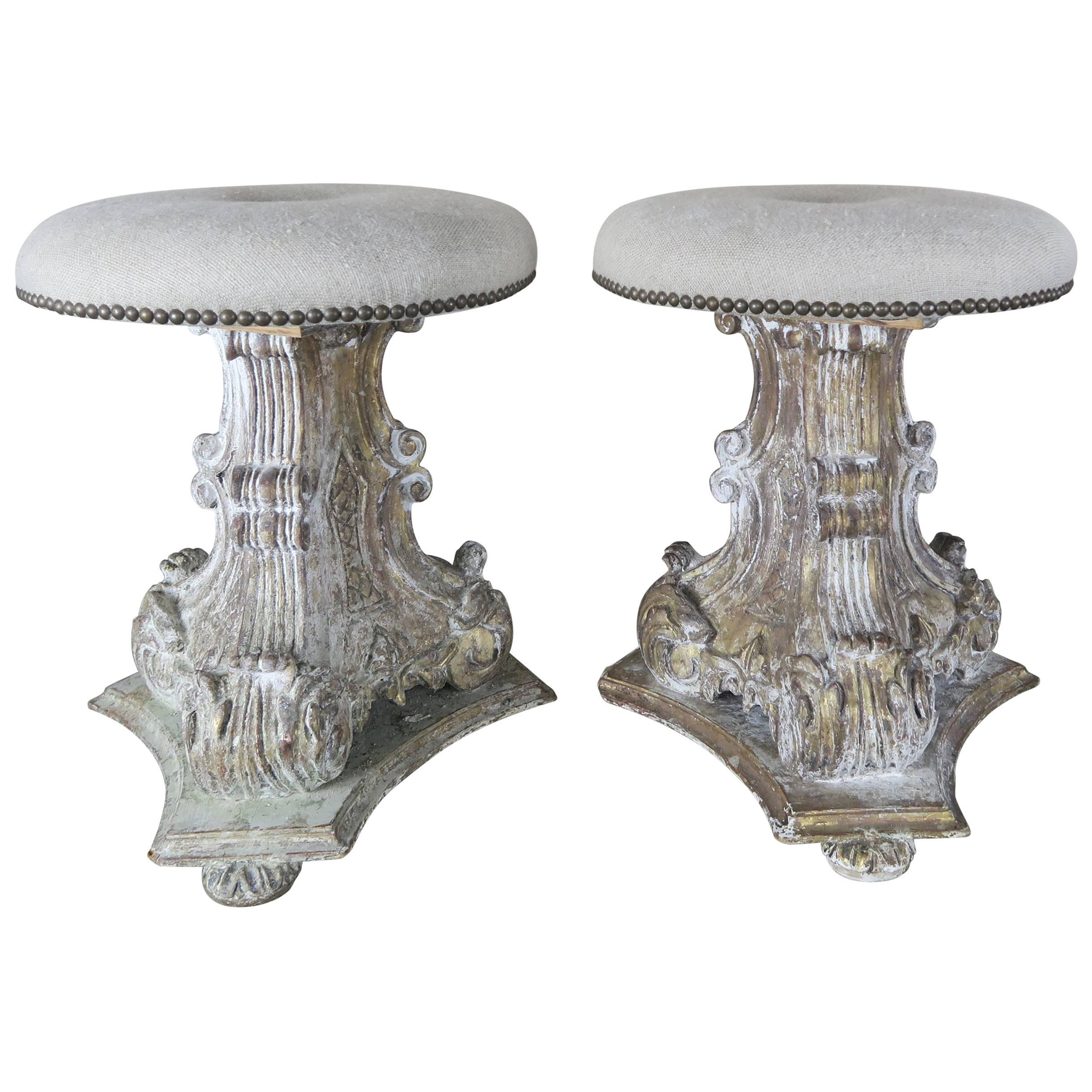 Pair of Italian Painted and Parcel-Gilt Carved Stools
