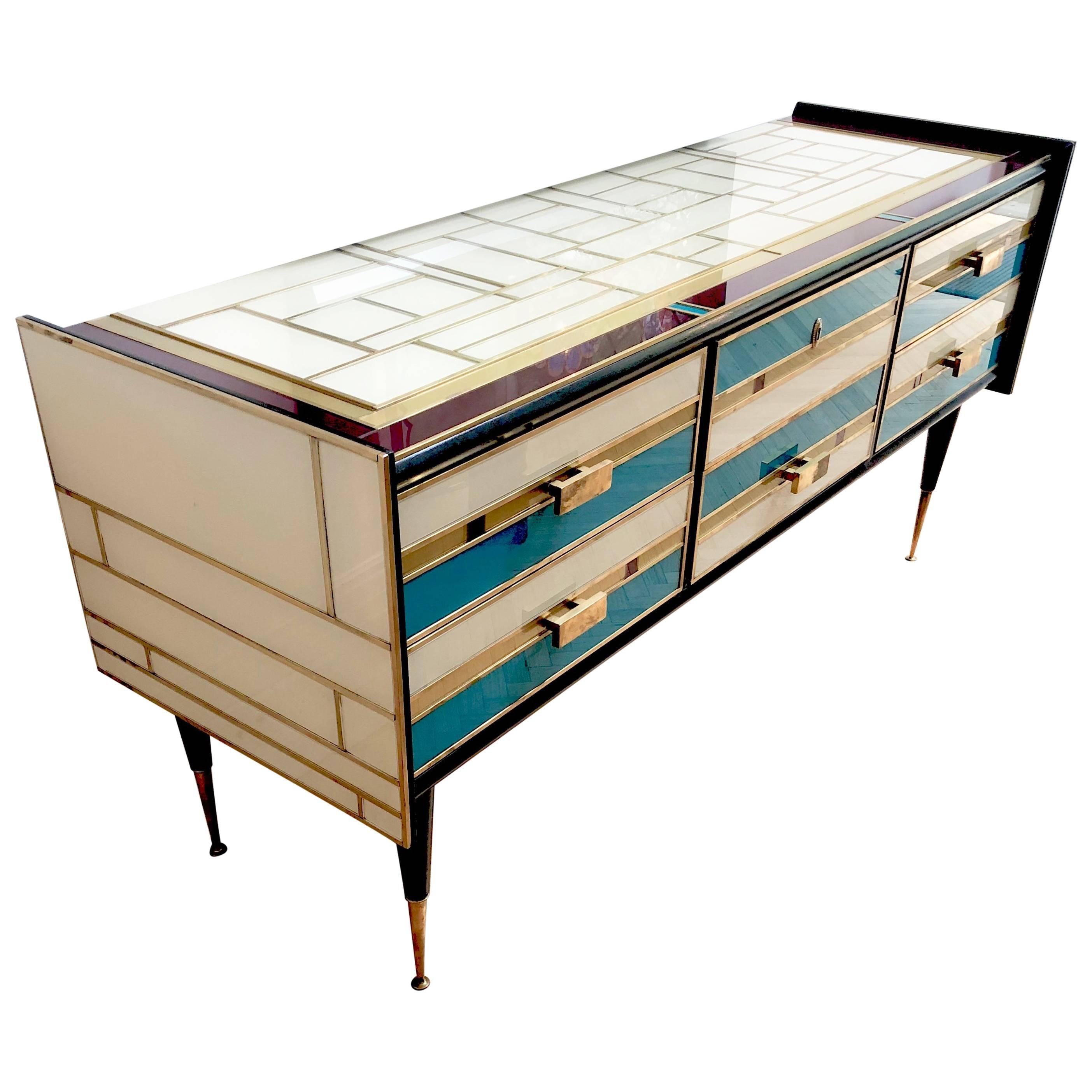Rare, Gilt Brass and Enameled Glass Sideboard French, 1960s
