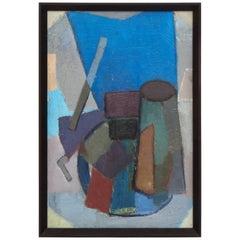 Vintage Cubist Painting with Cobalt Blue and Brown Details