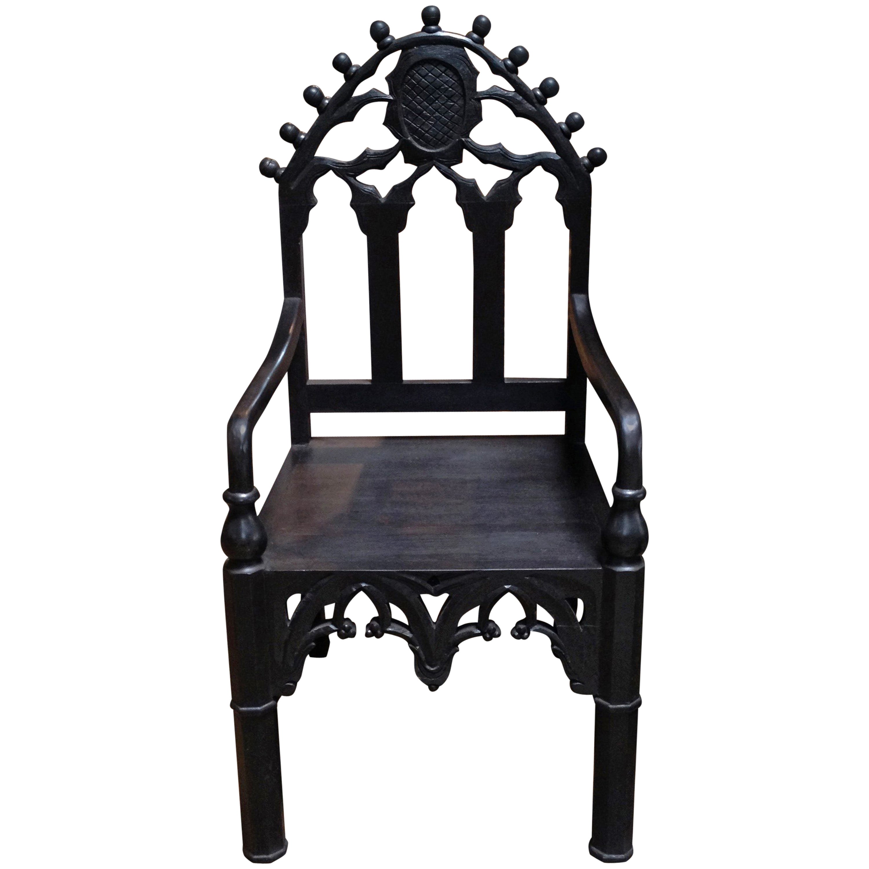Eight Hand Carved Walnut Gothic Revival Dining Chairs circa 1840