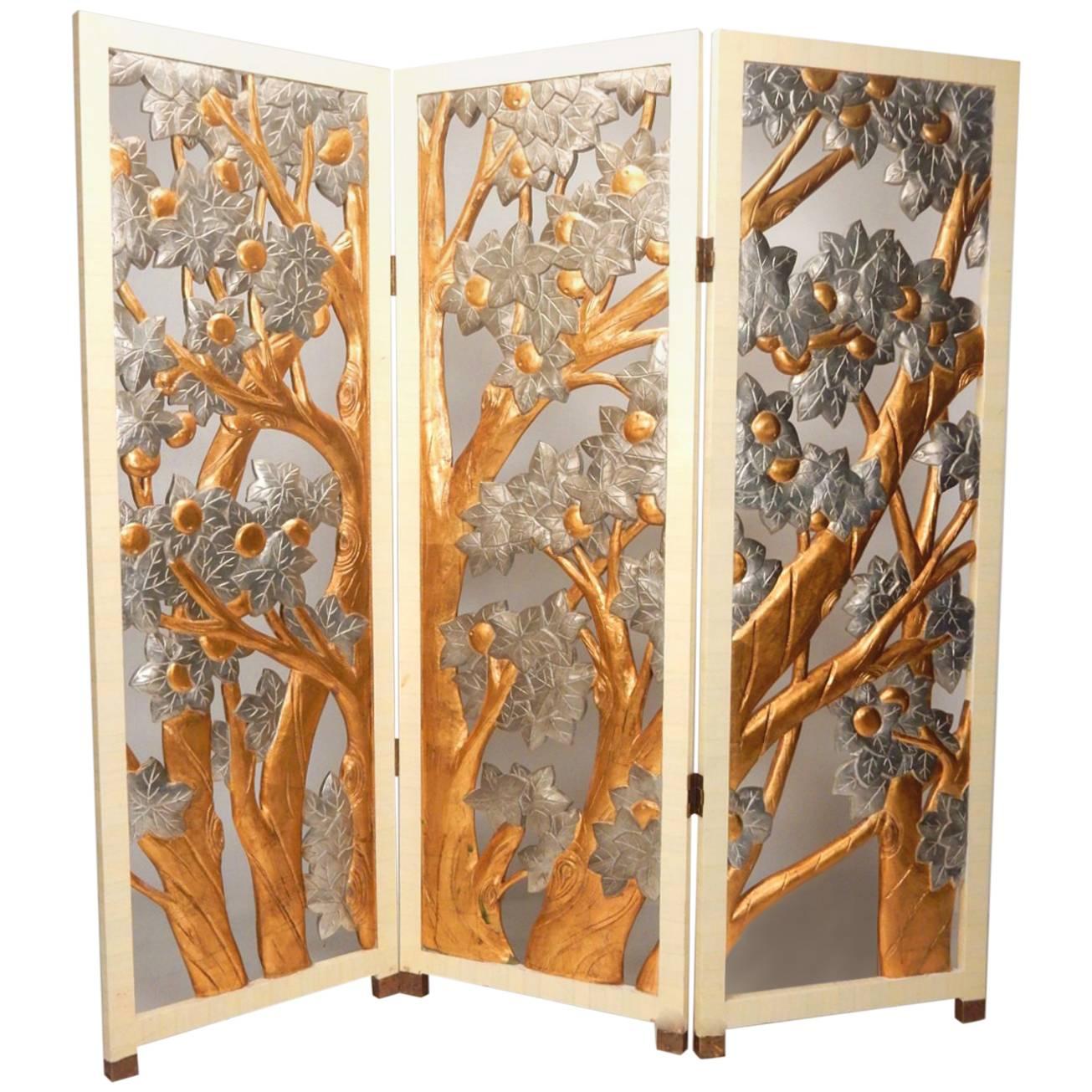 Art Nouveau Style Gold-Silver Leaf Tree Relief Room Divider Screen