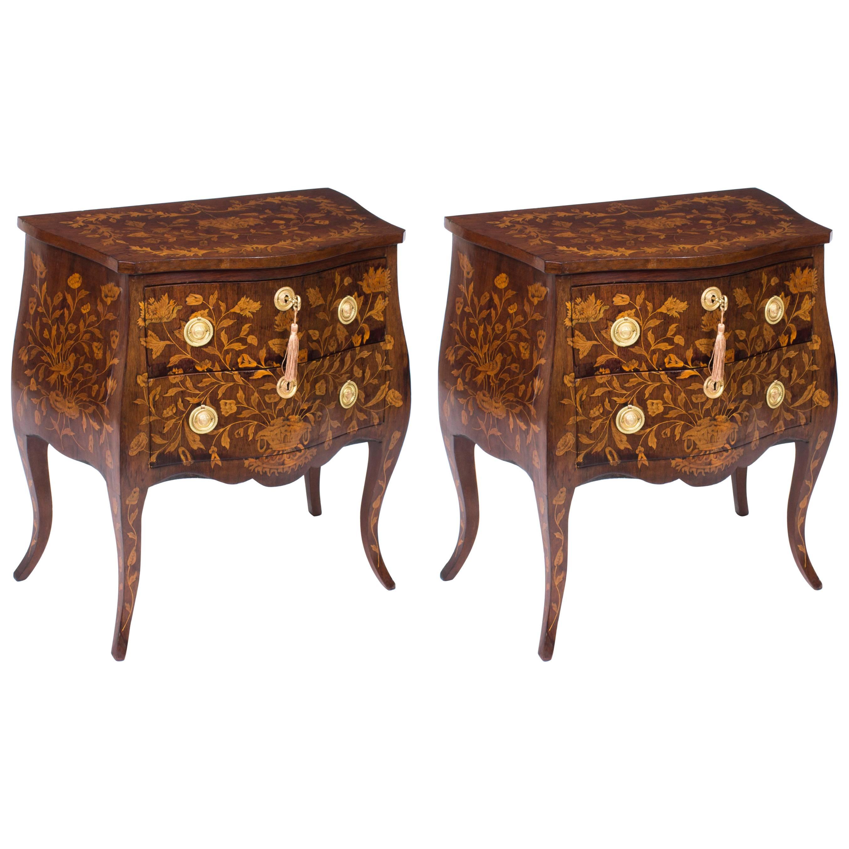 18th Century Pair of Dutch Marquetry Walnut Bedside Chests