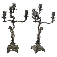 Antique Italian Putti Sculptures Pair of Silver Candlesticks