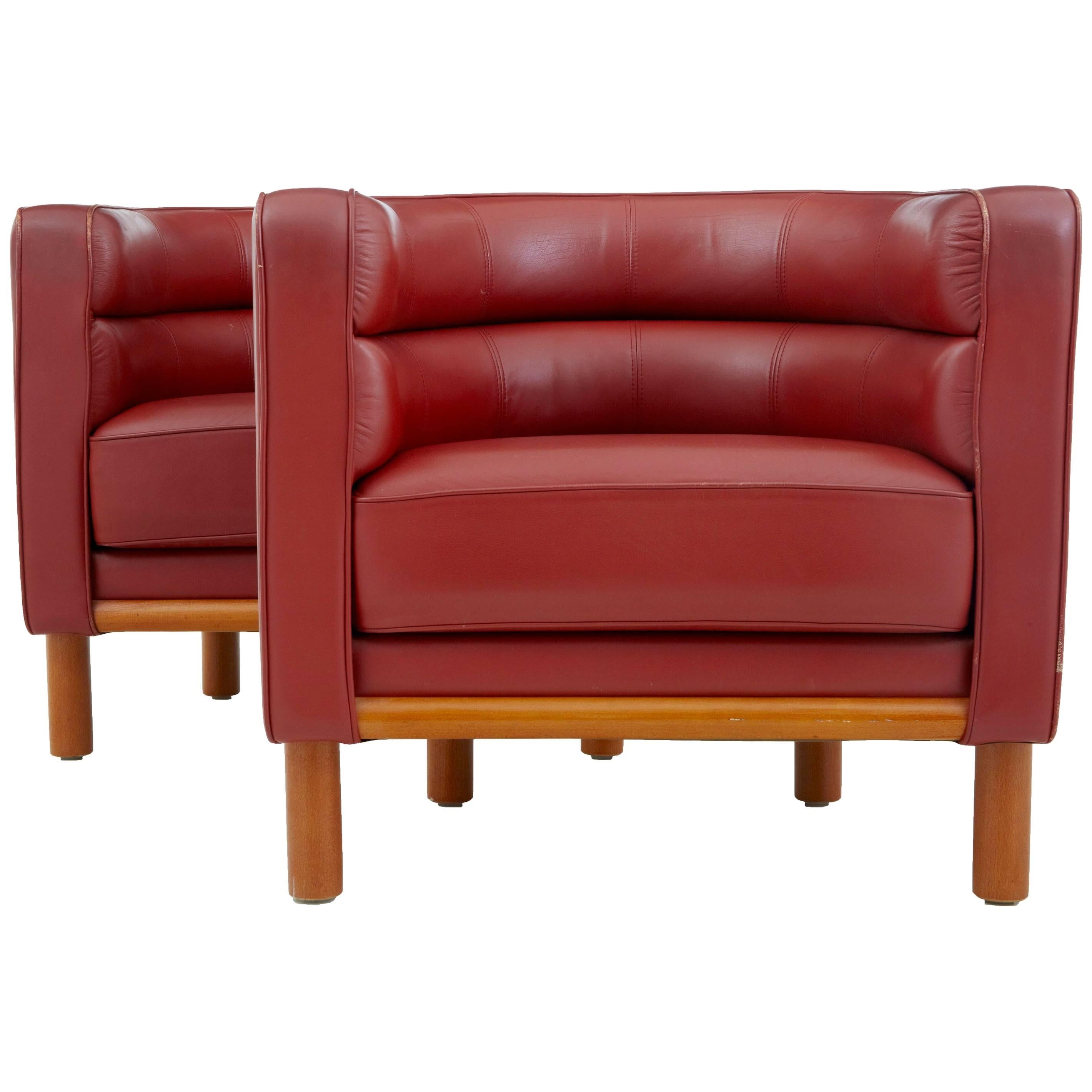 Pair of Large, 1970s Red Leather Club Armchairs
