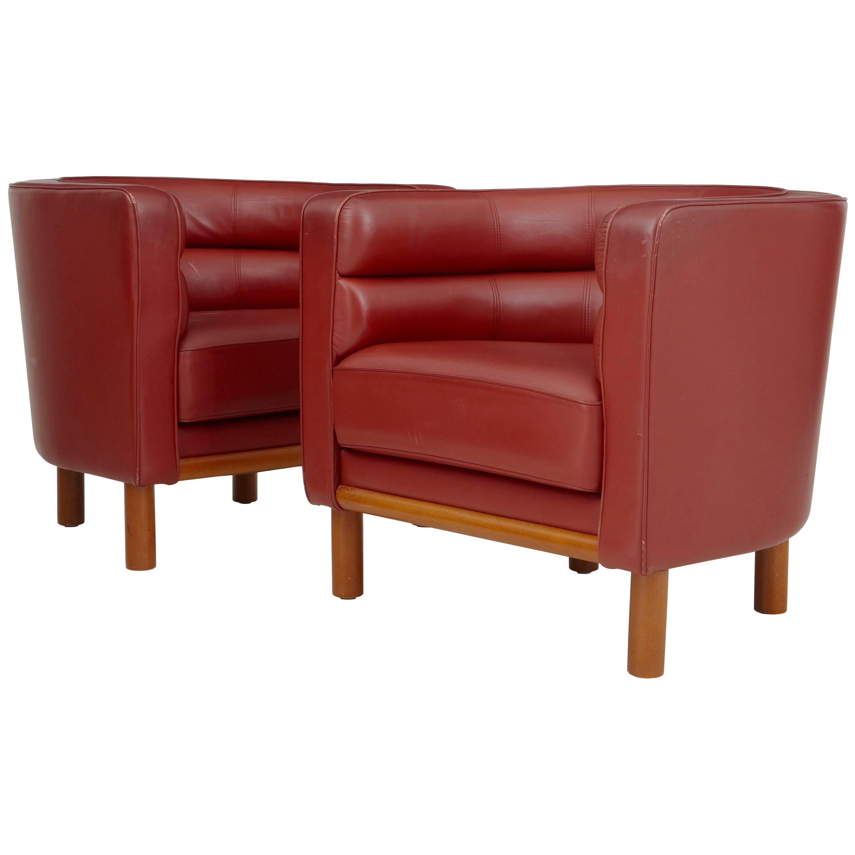 Pair of 1970s Large Red Leather Club Armchairs