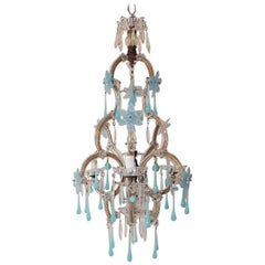 Aqua Blue Opaline Flowers and Drops Murano Glass Chandelier, circa 1930