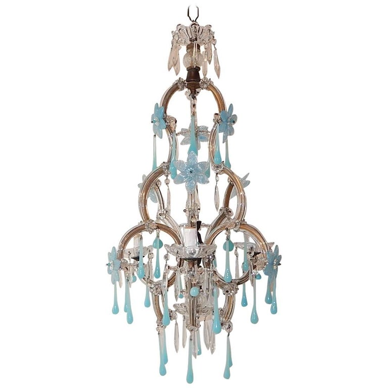 Aqua Blue Opaline Flowers And Drops Murano Glass Chandelier Circa Aqua Blue Opaline Flowers And Drops Murano Glass Chandelier Circa 1930 For