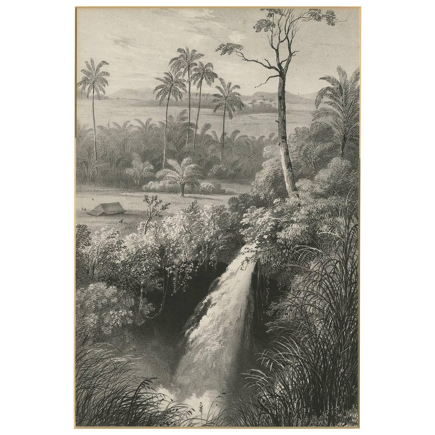 Antiker Druck eines Wasserfalls in der Nähe von Tondano ( Indonesien) von C.W.M. van de Velde