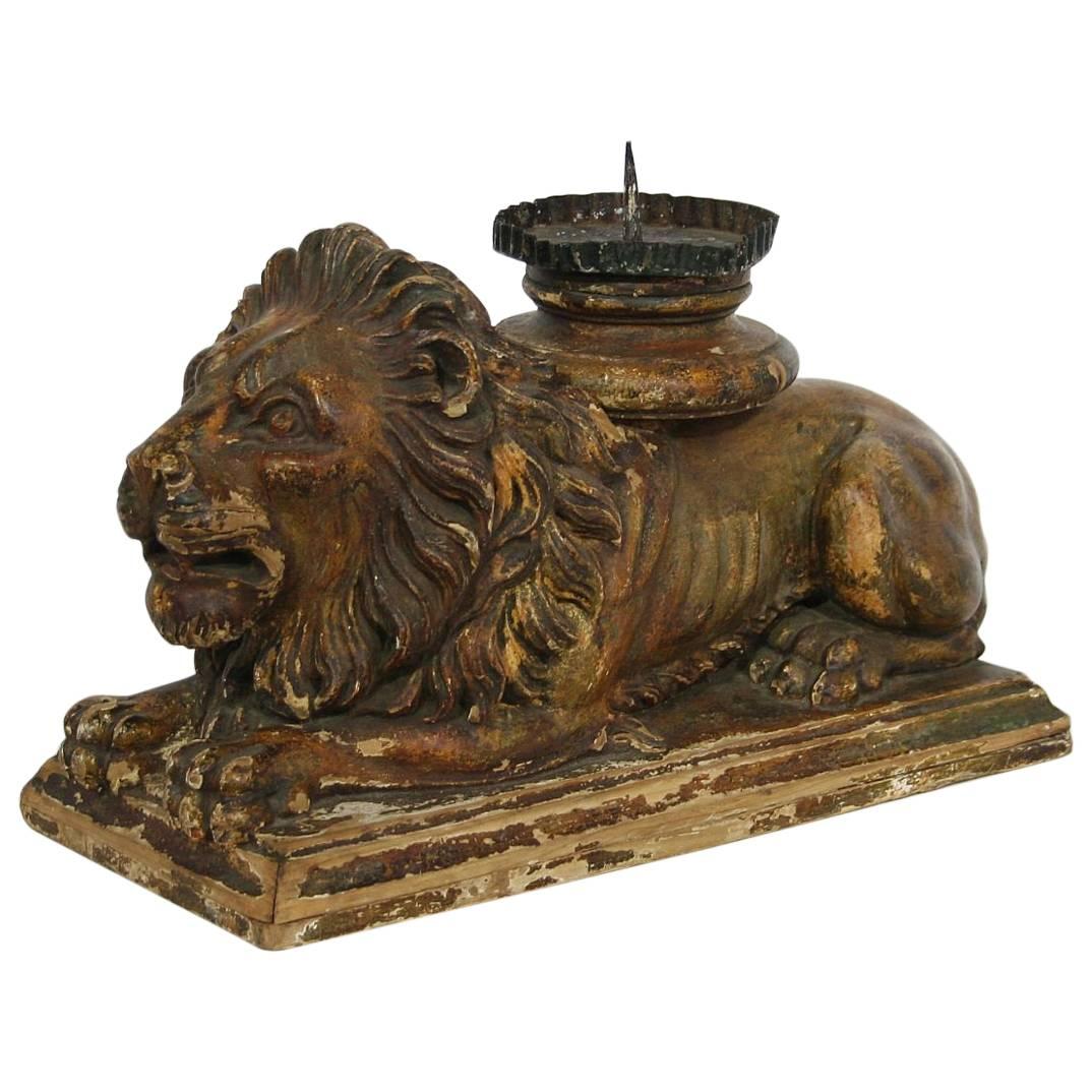 Italian 18th Century Baroque Carved Wooden Lion with Candle-Holder