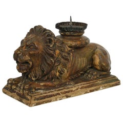 Italian 18th Century Baroque Carved Wooden Lion with Candle-Holder