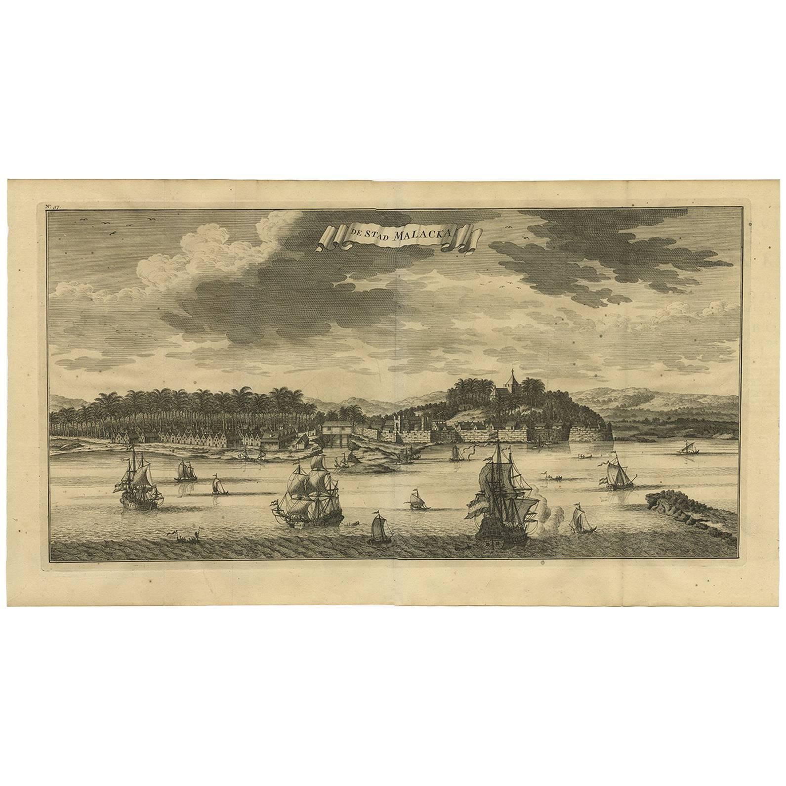 Antiker antiker Druck der Stadt Malacca „Malaysia“ von F. Valentijn, um 1730