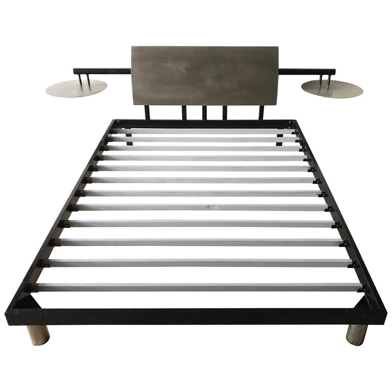 Post Modern Steel Queen Bed With, Bed Frame With Nightstands