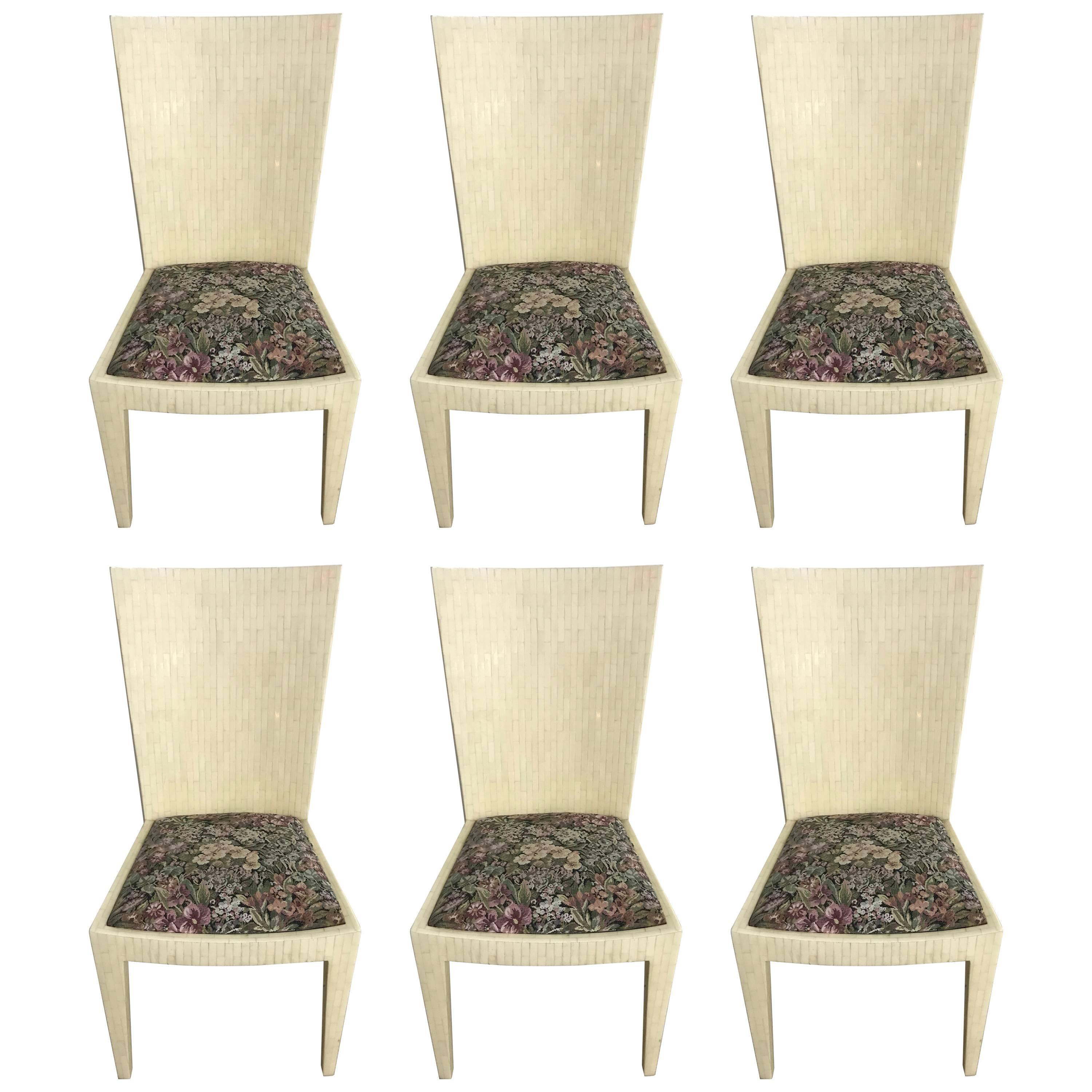 Set of Six Jimeco Tessellated Camel Bone Inlaid Dining Chairs