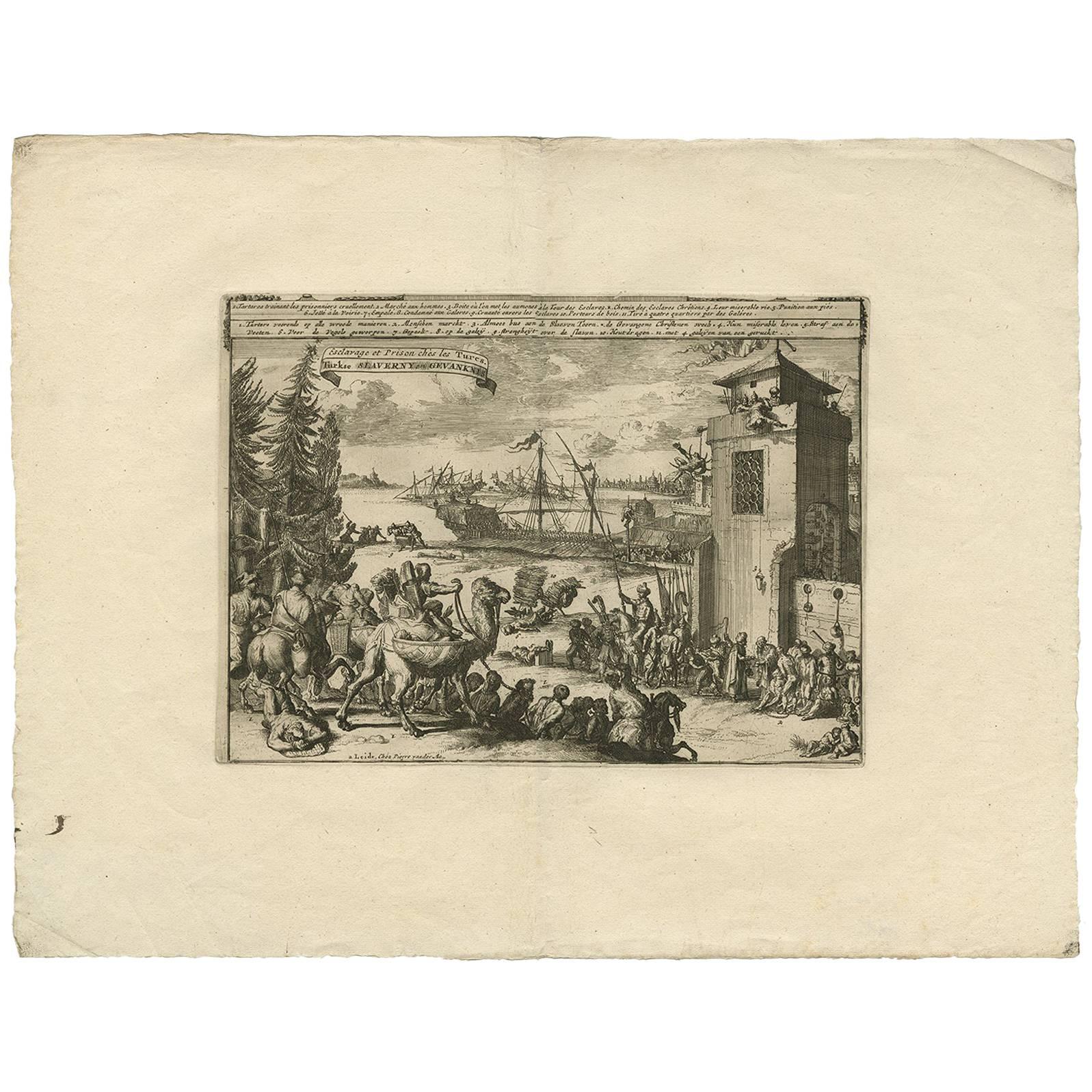 Antique Print of Turkish Slavery and Jail by P. van der Aa, circa 1725 For Sale