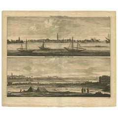 Antiker Druck mit Panoramikansichten der Nile „Ägypten“ von C. De Bruijn „1700“