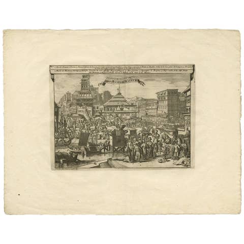 Antique Print of Trade and Merchandise at Bantam, Indonesia by P. Van Der Aa