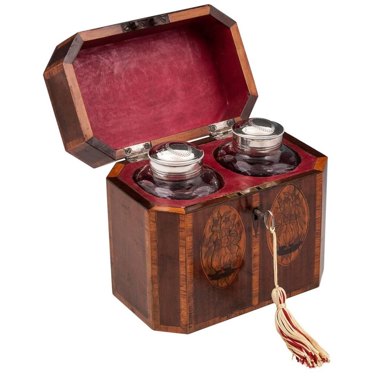 Antique Tea Chest with Silver and Glass Tea Caddies For Sale at 1stdibs