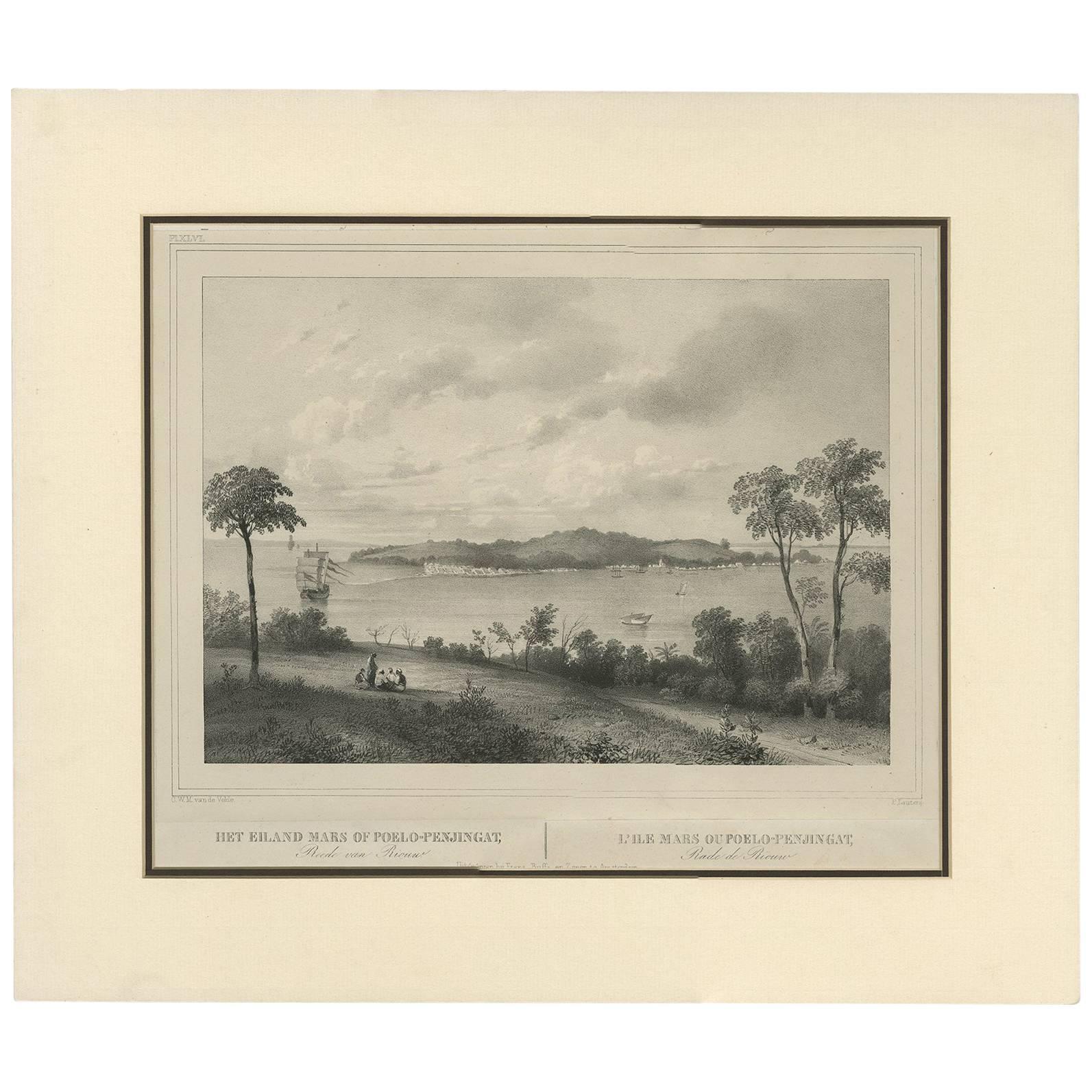 Antiker antiker Druck der Straßenstraße von Riau, Indonesien, von C.W.M. van de Velde, 1844