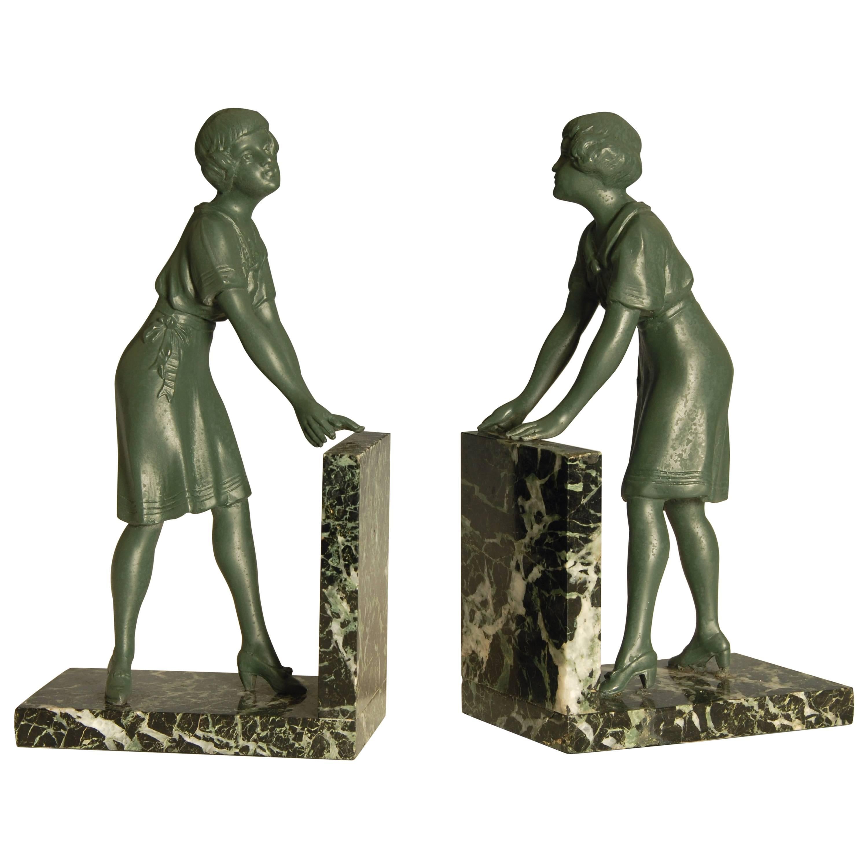 Pair of Art Deco Green Patinated Metal on Marble Bookends