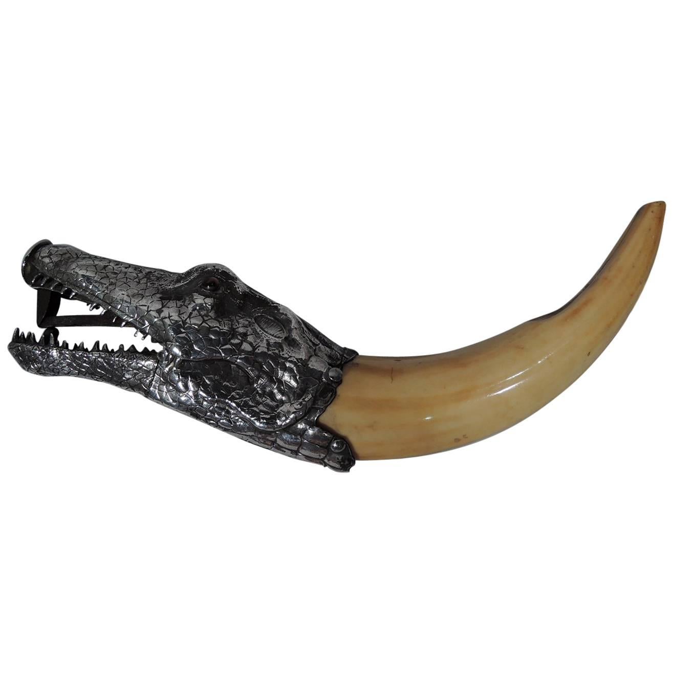 Antique Austrian Boar’s Tusk Cigar Cutter with Silver Crocodile Head