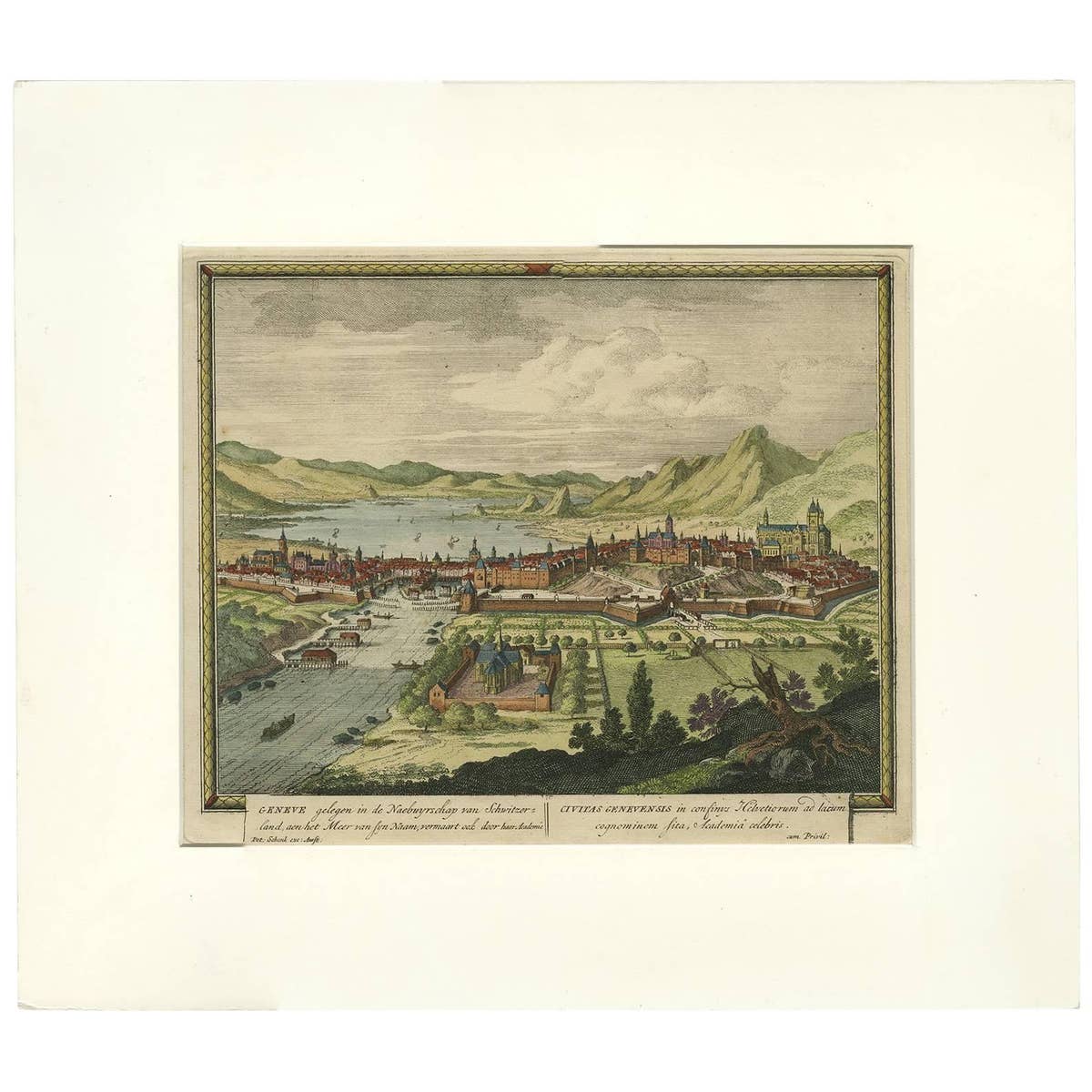 Original Hand-coloured Antique Print of Geneva, Switzerland, circa 1702
