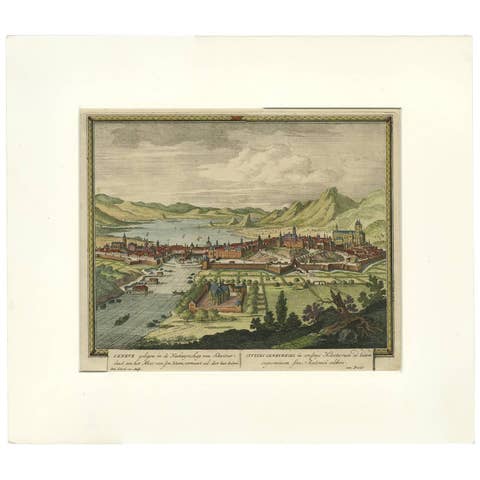 Original Hand-coloured Antique Print of Geneva, Switzerland, circa 1702
