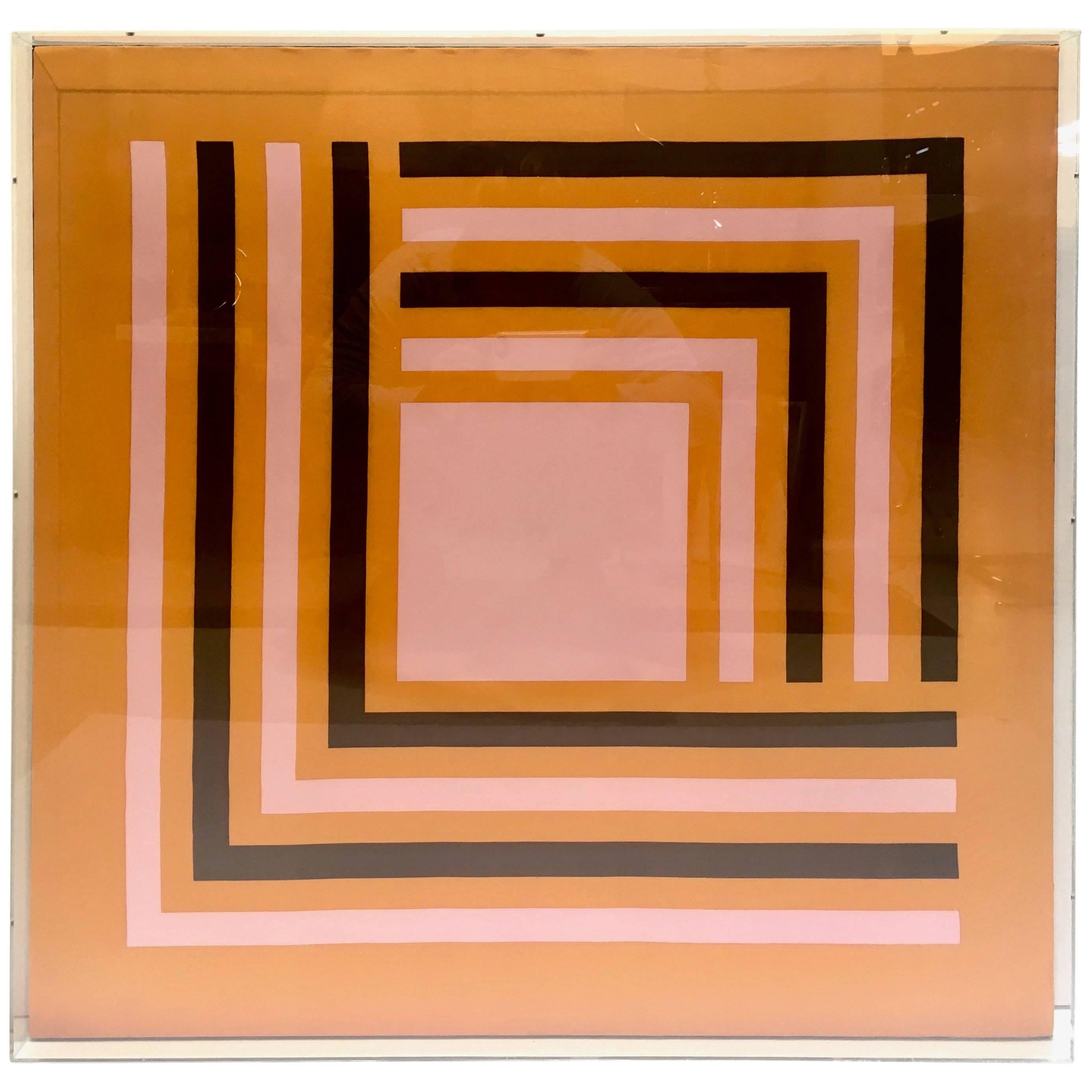 Modernist Abstract Vintage Silk Scarf, Manner of Josef Albers, Lucite Box Frame