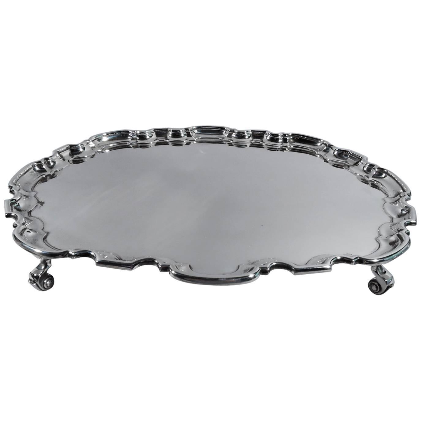English Sterling Silver Oval Salver Tray with Georgian Piecrust Rim
