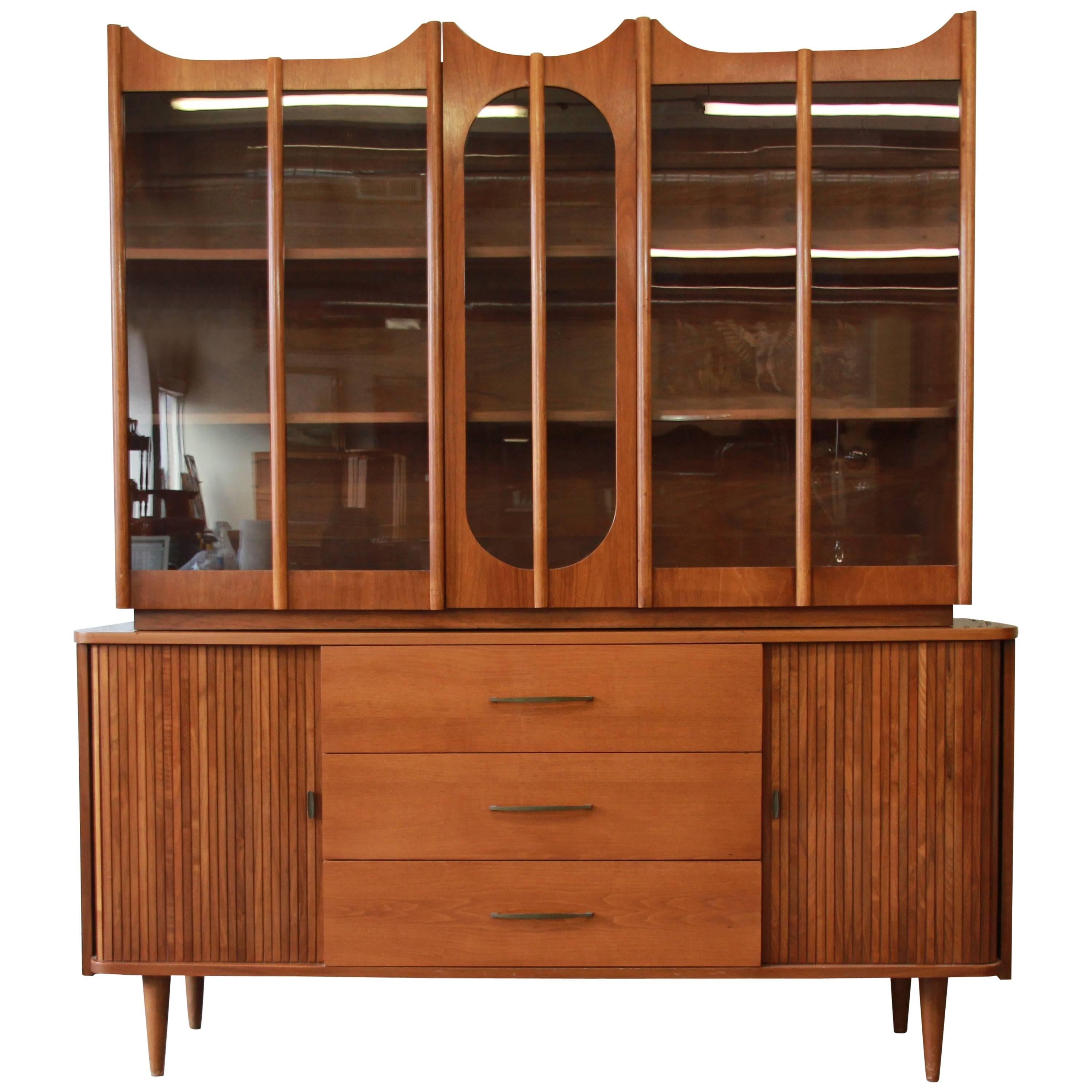 Mid-Century Modern Tambour Door Sideboard Credenza with Glass Front Hutch Top