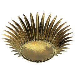 Spanish, 1950s Gilt Iron Sunburst Crown Ceiling Fixture with Amber Glass