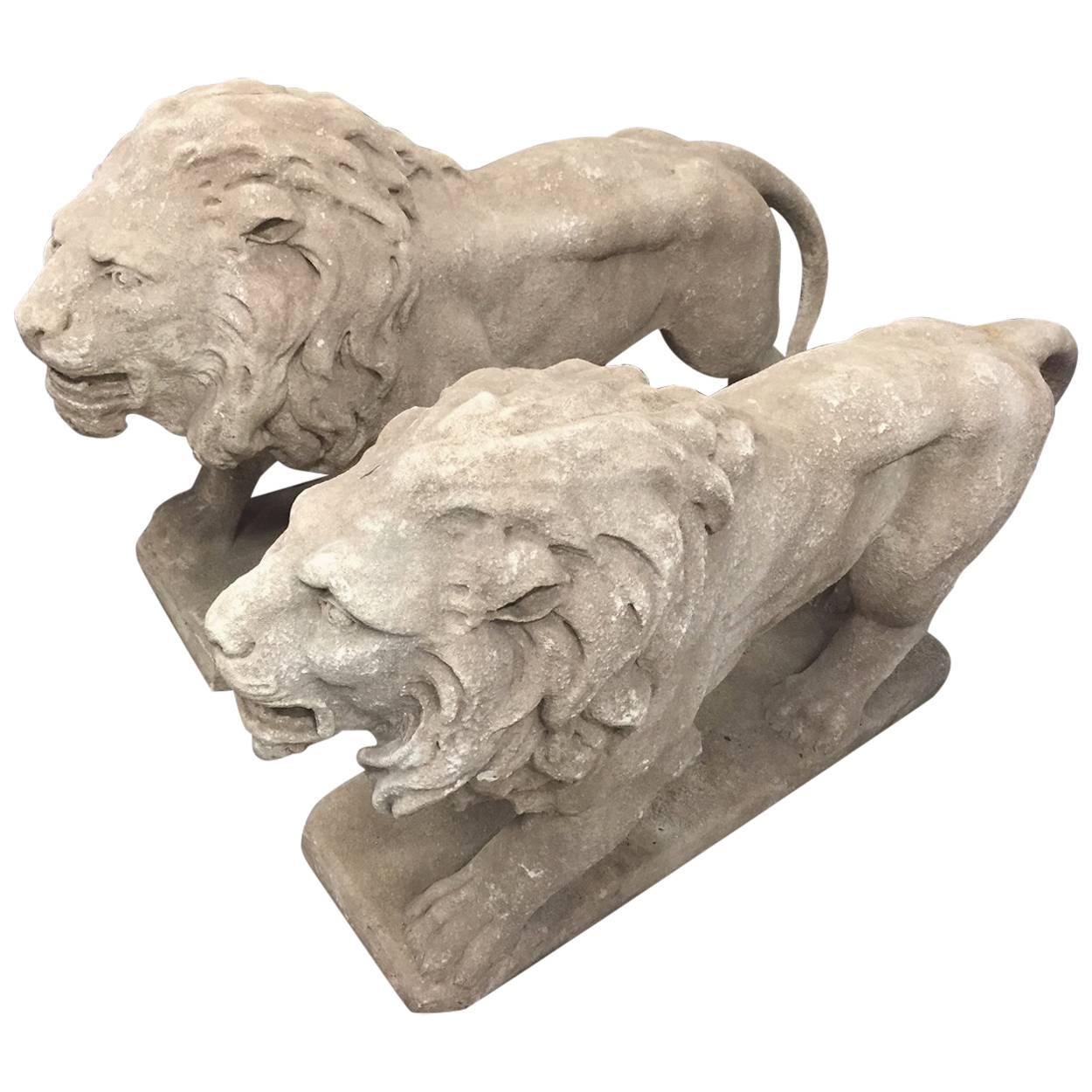Pair of Italian Cast Stone Standing Lions