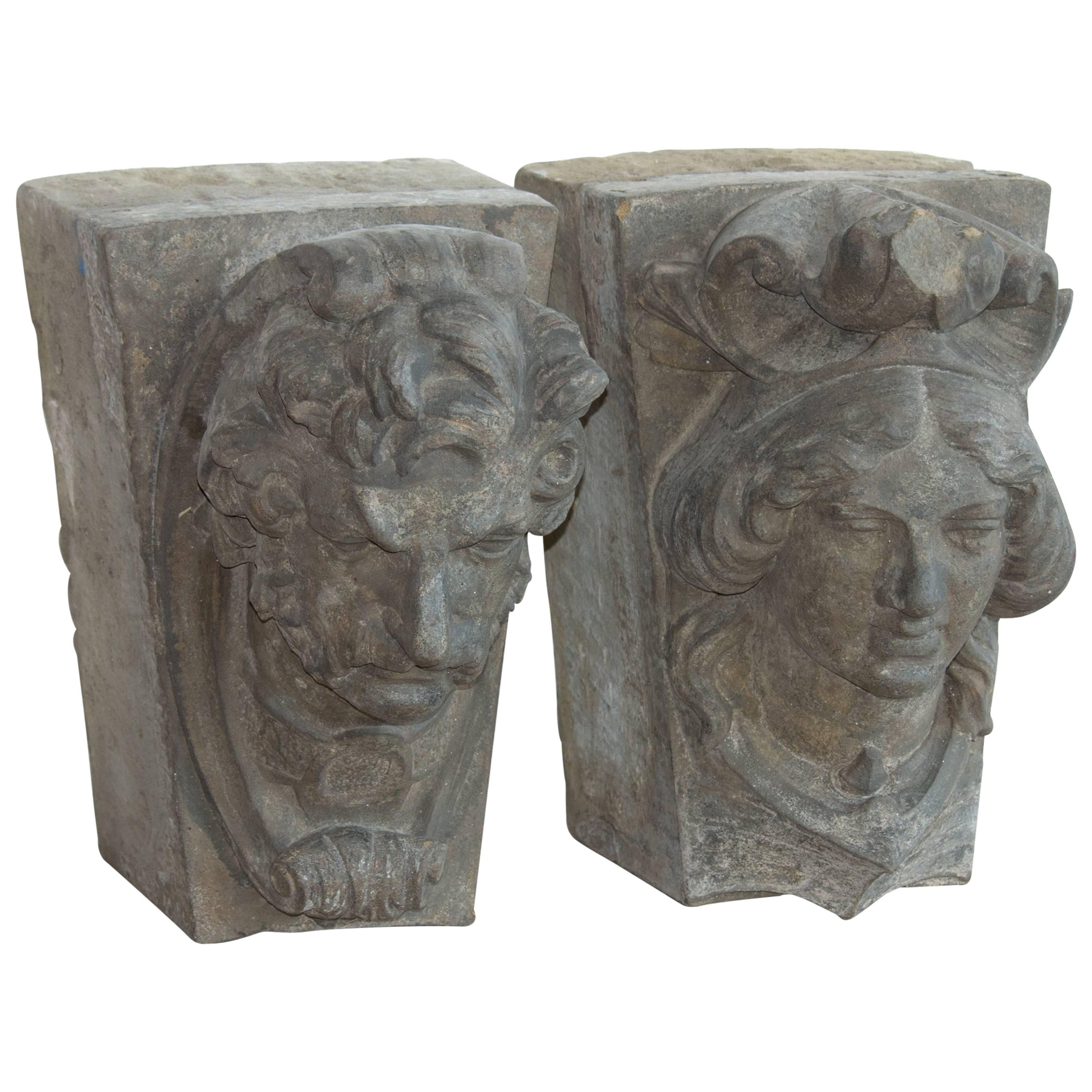 Pair of English 19th Century Carved Stone Keystone Heads