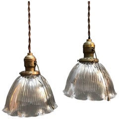 Antique Pair of Scalloped Prismatic Holophane Glass Bell Pendant Lights