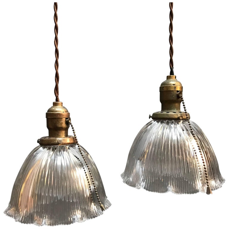 Bell Shaped Glass Pendant Lights pair of scalloped prismatic holophane glass bell pendant lights for sale