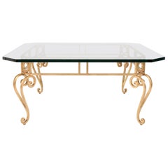 Hollywood Regency Mid Century Modern Gilt Iron Glass Top Coffee Table