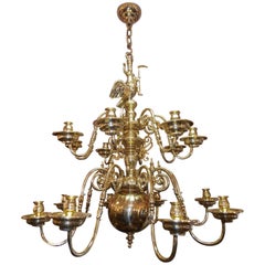 Antique Dutch Colonial Brass Two-Tier Bulbous Figural and Eagle Chandelier, Circa 1780