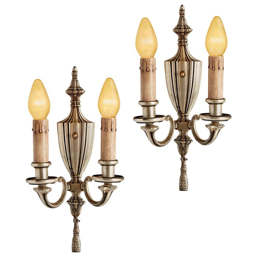Pair of Silver Plated Candle Sconces w/ Sheffield-Style Backplates, circa 1920s For Sale