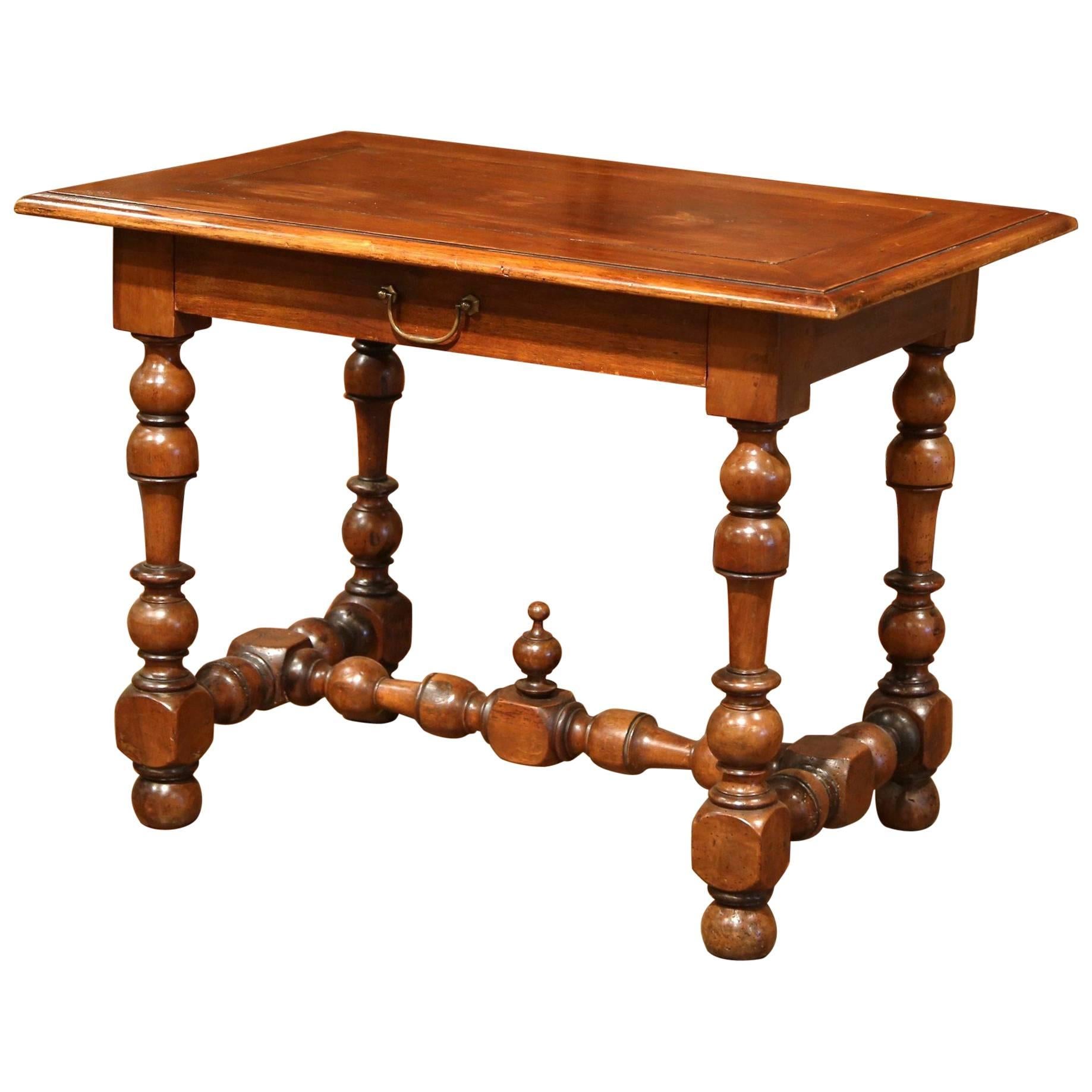 19th Century French Louis XIII Walnut Side Table with Turned Legs and Stretcher