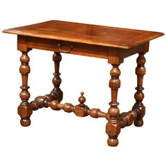 19th Century French Louis XIII Walnut Side Table with Turned Legs and Stretcher