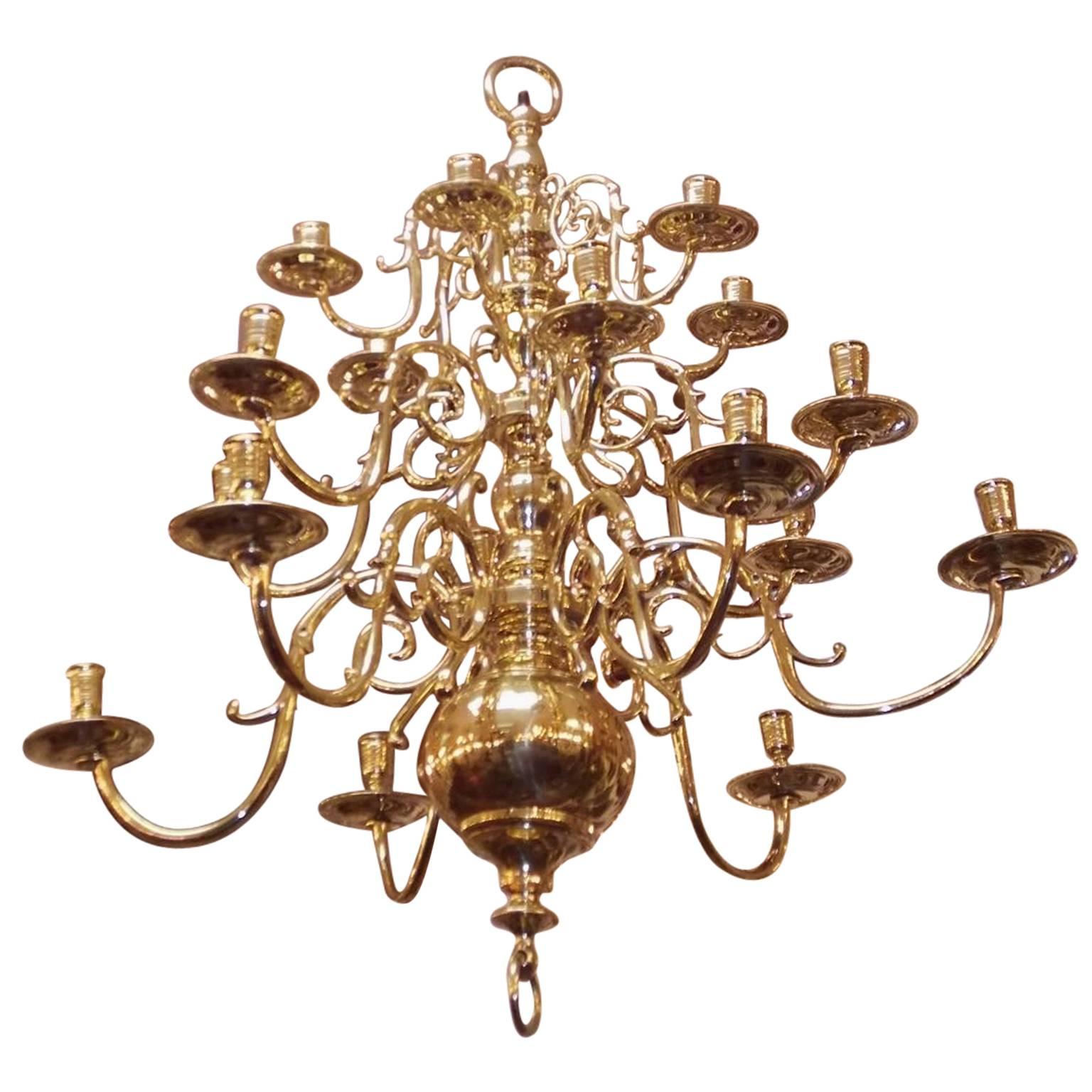 Dutch Colonial Brass Three-Tier Bulbous and Scrolled Chandelier, Circa 1760