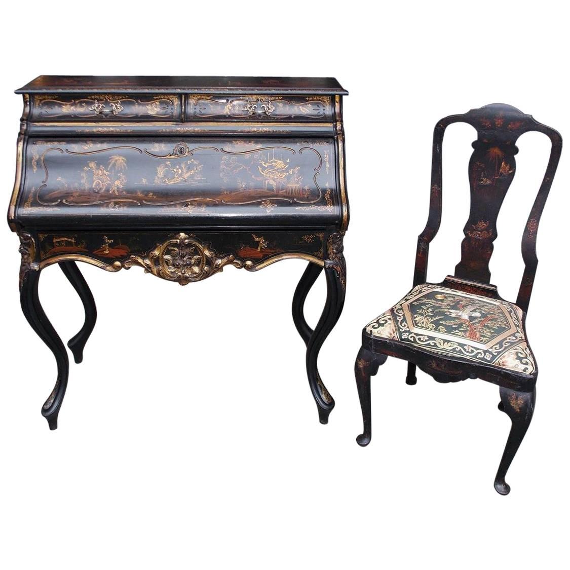 English Chinoiserie Black Lacquered and Gilt Desk with Side Chair, Circa 1840