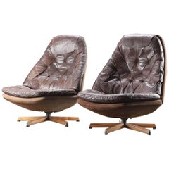 Pair of Danish Leather Upholstered Swivel Chairs by Madsen & Schubell