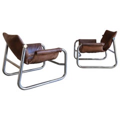 Patenated Leather "Alpha" Lounge Chairs by Maurice Burke for Pozza