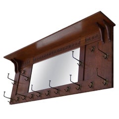 Very Large Hand-Carved Arts and Crafts Solid Oak and Brass Coat Rack with Mirror