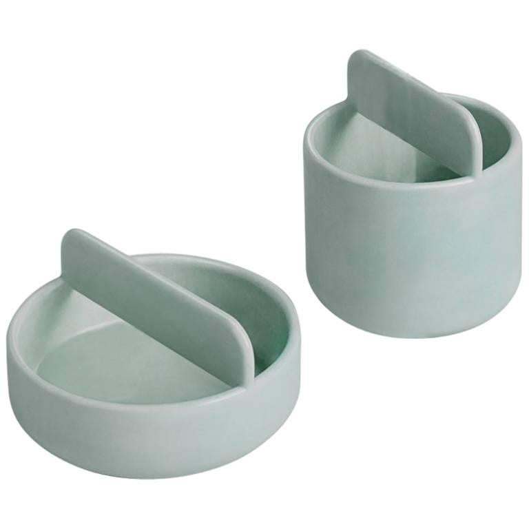 Trestle Bowl / Vessel Set in Contemporary 3D Printed Gloss Celadon Porcelain For Sale